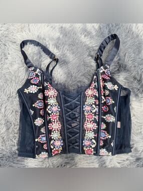 floral Embroidered corset bra unlined women xsmall A-cup coquette whimsygoth